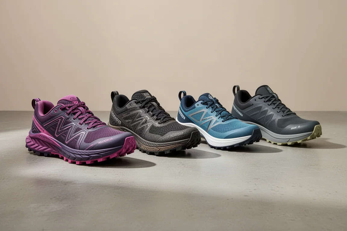 Four trail running shoes lined up on a concrete surface