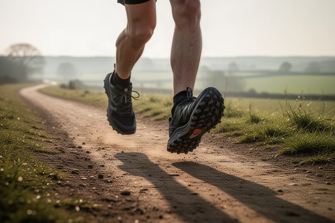 Trail runner's feet on a packed dirt path in bright morning light