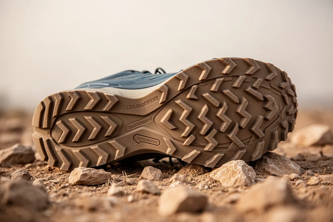 Close-up of a lugged rubber trail shoe outsole resting on rocky ground