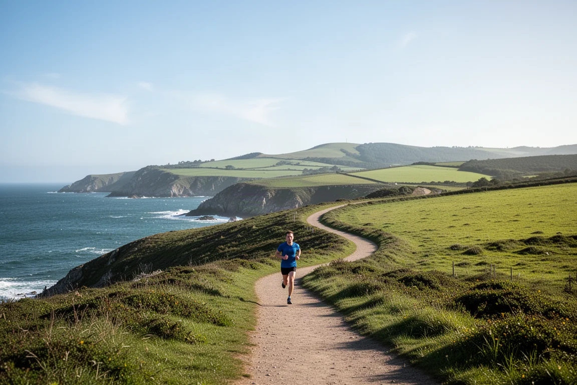 Wide coastal trail winding through green countryside under blue sky