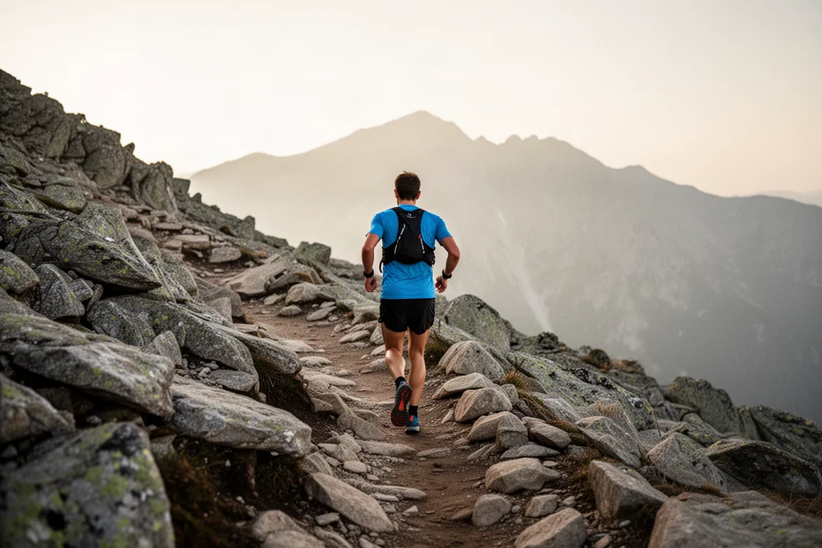 Trail runner taking on a rocky ascent in soft afternoon light