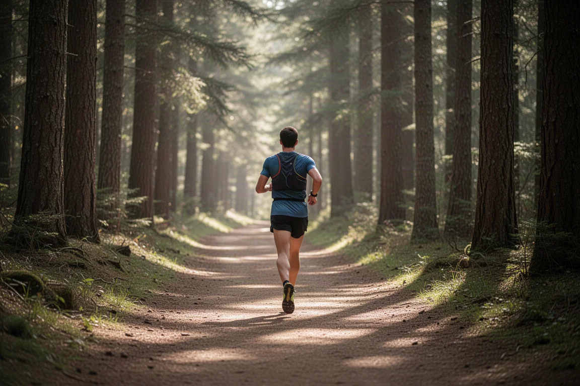 Trailrunner gleitet bei sanftem Tageslicht über einen ebenen Waldweg