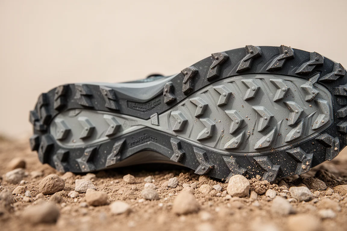 Nahaufnahme der Trailschuh-Außensohle mit multidirektionalen Stollen auf trockenem Kies