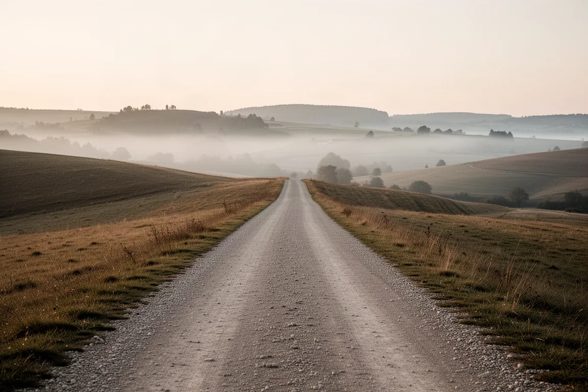 Langer Kiesweg, der sich im Abendlicht durch offene Hügel zieht