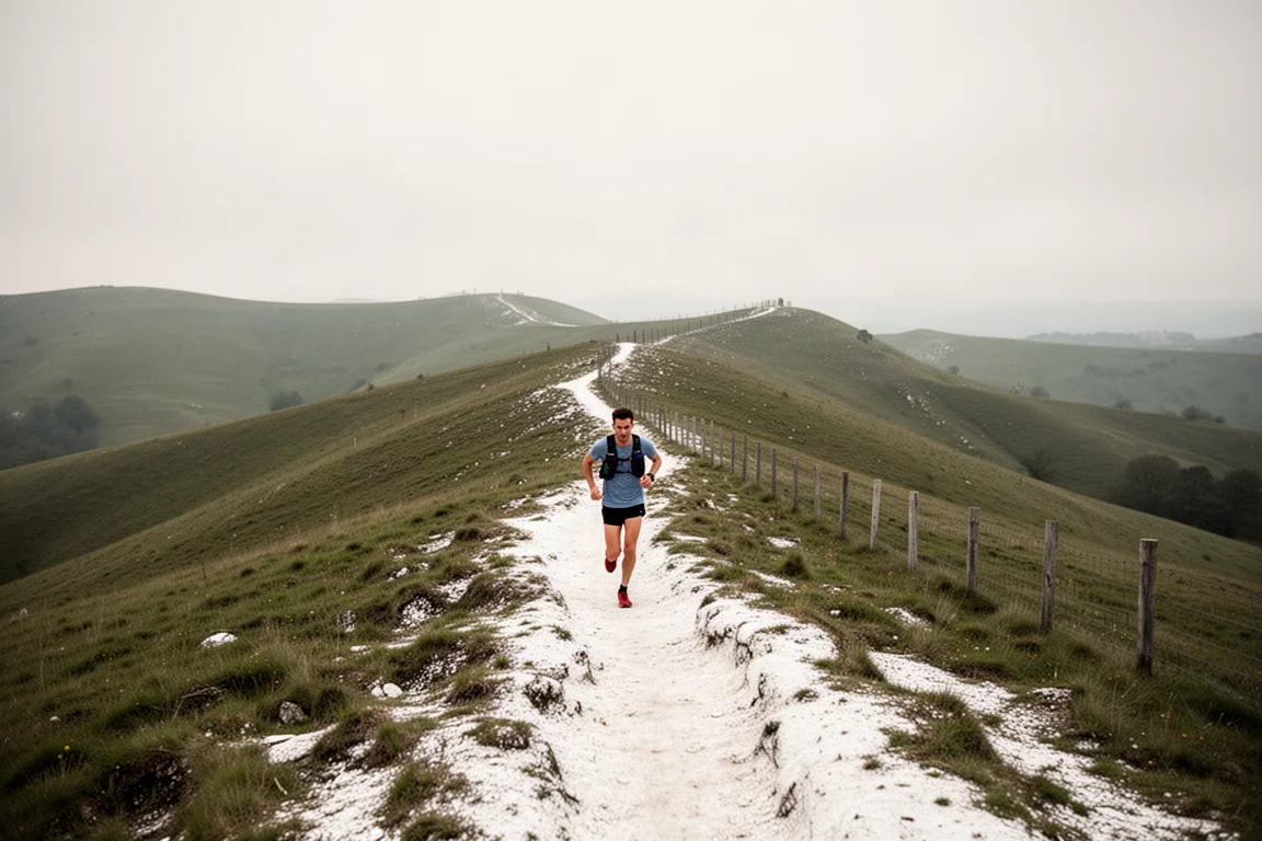 Trail runner on chalky South Downs hills under an overcast sky