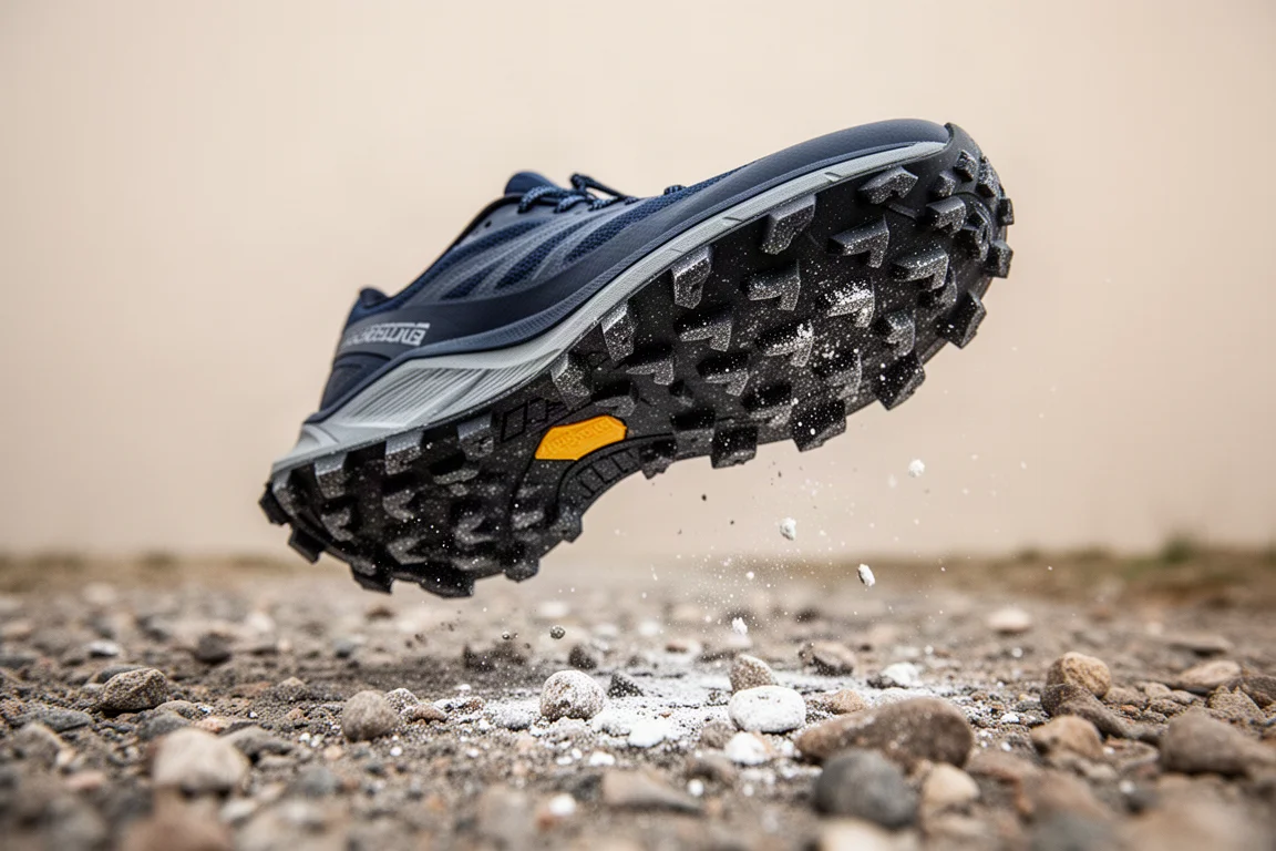 Close-up of deep lugged outsole of a trail running shoe on gravel