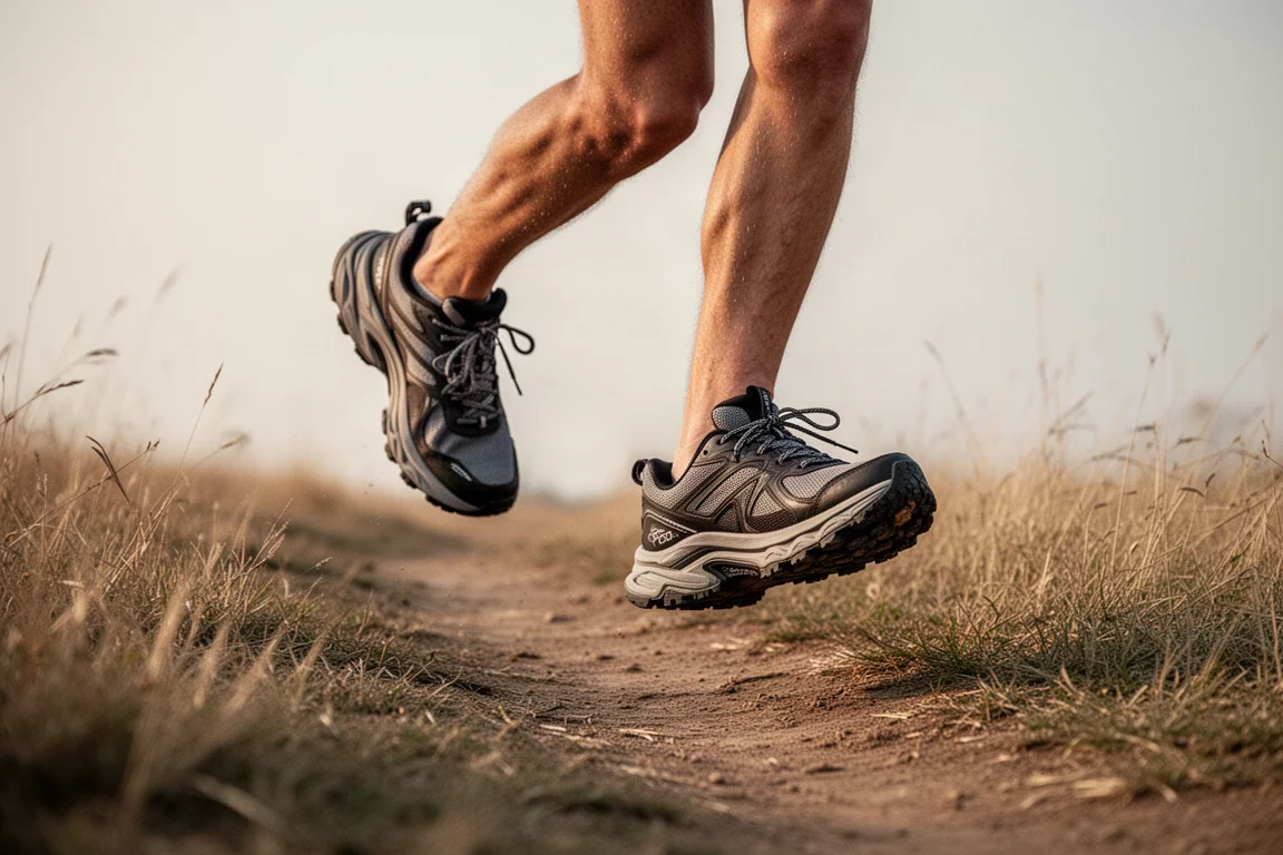 Runner's feet striding over mixed trail terrain in high-cushion shoes