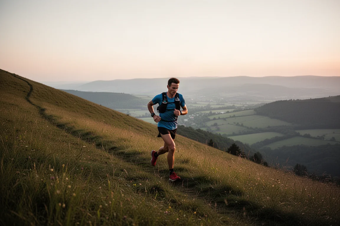 Trail runner climbing a long grassy hill in warm evening light