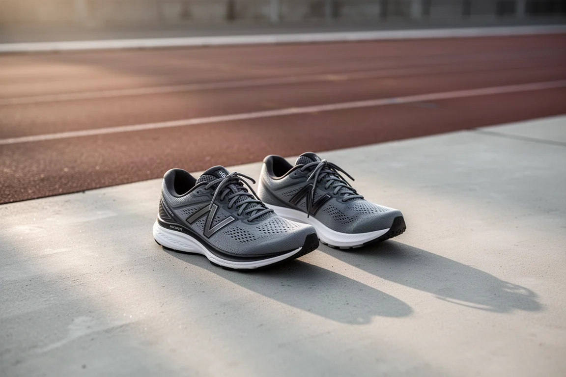Deux chaussures de running posées côte à côte sur le béton à côté d'une piste d'athlétisme