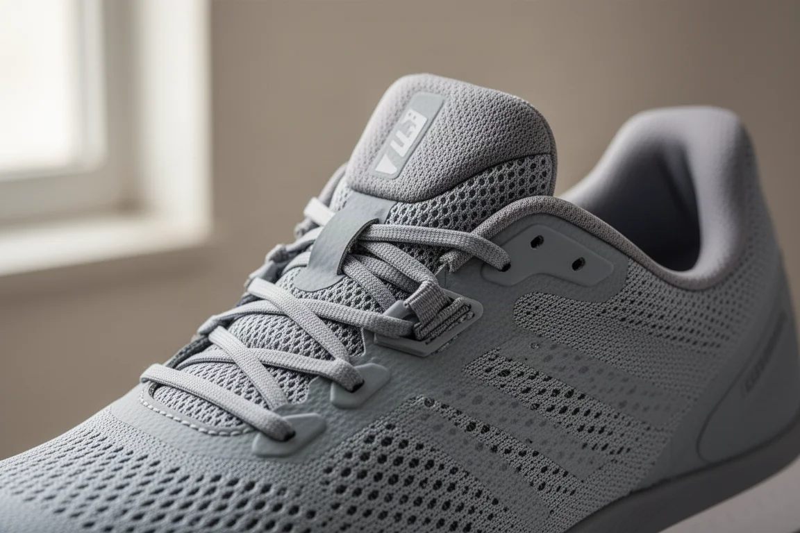 Gros plan sur la tige respirante d'une chaussure de running, avec texture mesh et laçage