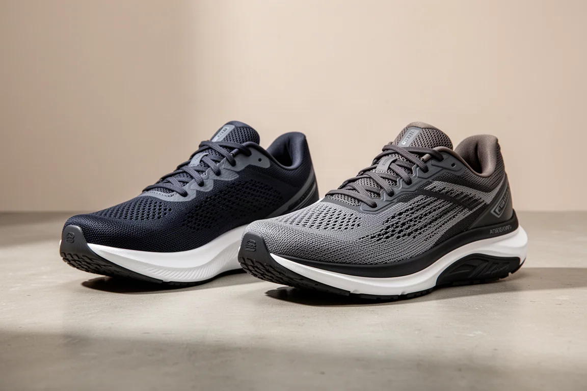 Two road running shoes side by side on a matte concrete surface
