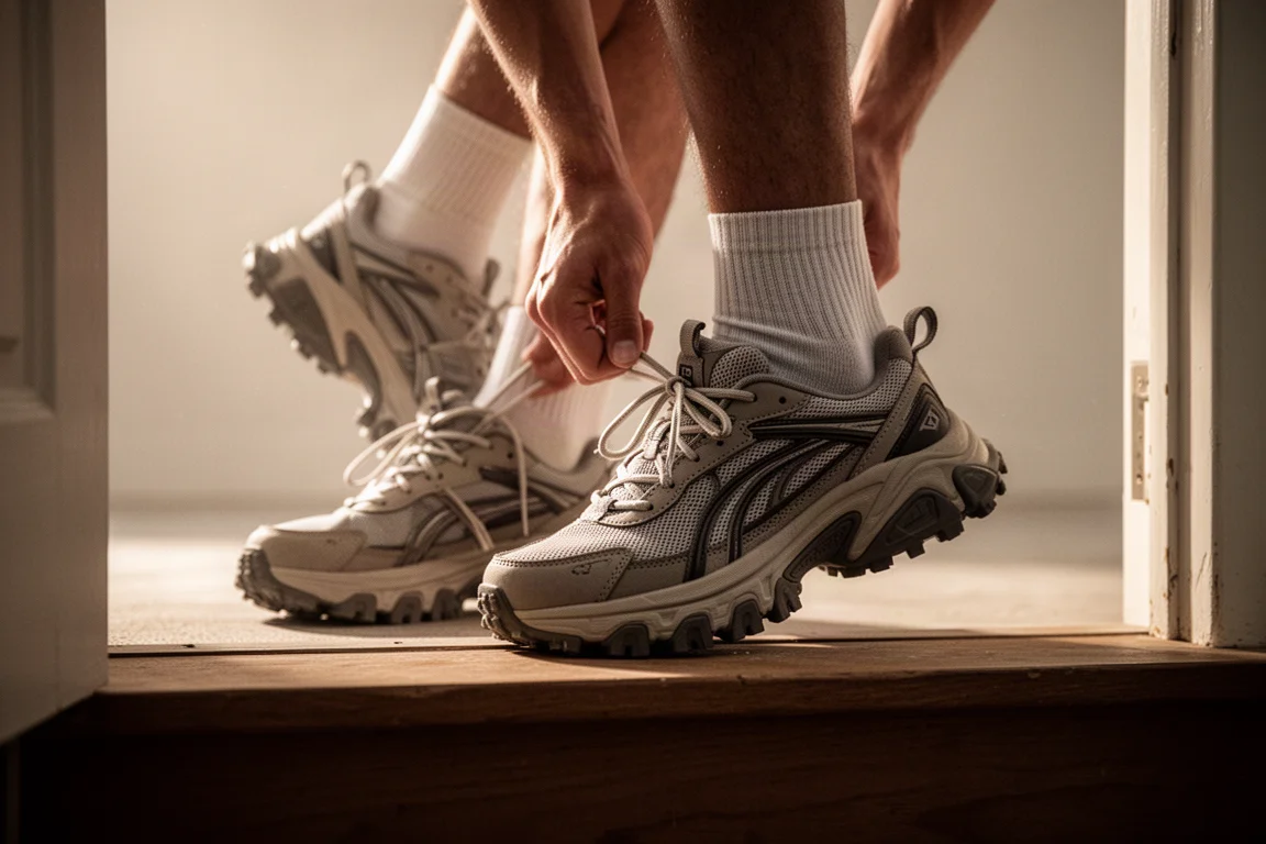 Läufer schnürt vor einem lockeren Lauf auf einer Haustürschwelle den voluminösen Nike Zoom Fly 5