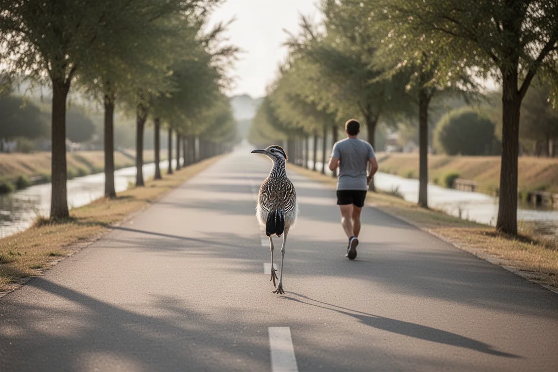 Straßenläufer gleitet im weichen Nachmittagslicht an einem Kanalweg entlang