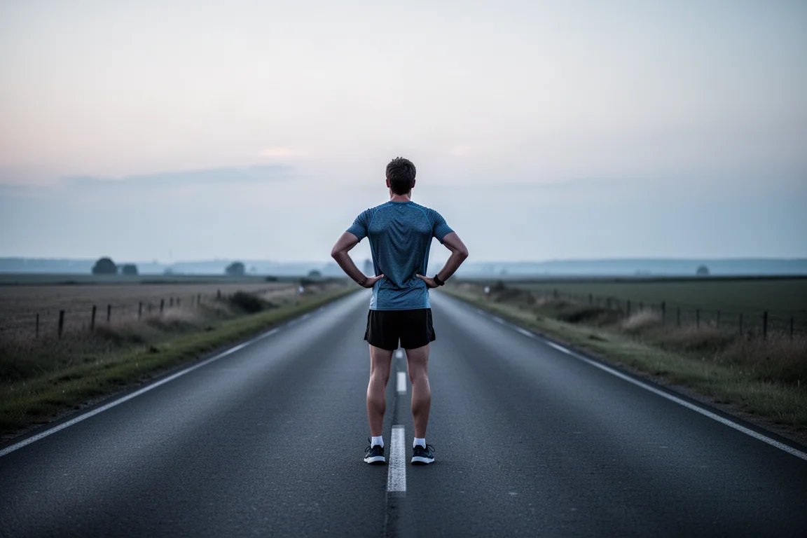 Läuferin ruht nach einem langen lockeren Lauf, die Straße erstreckt sich in die Ferne