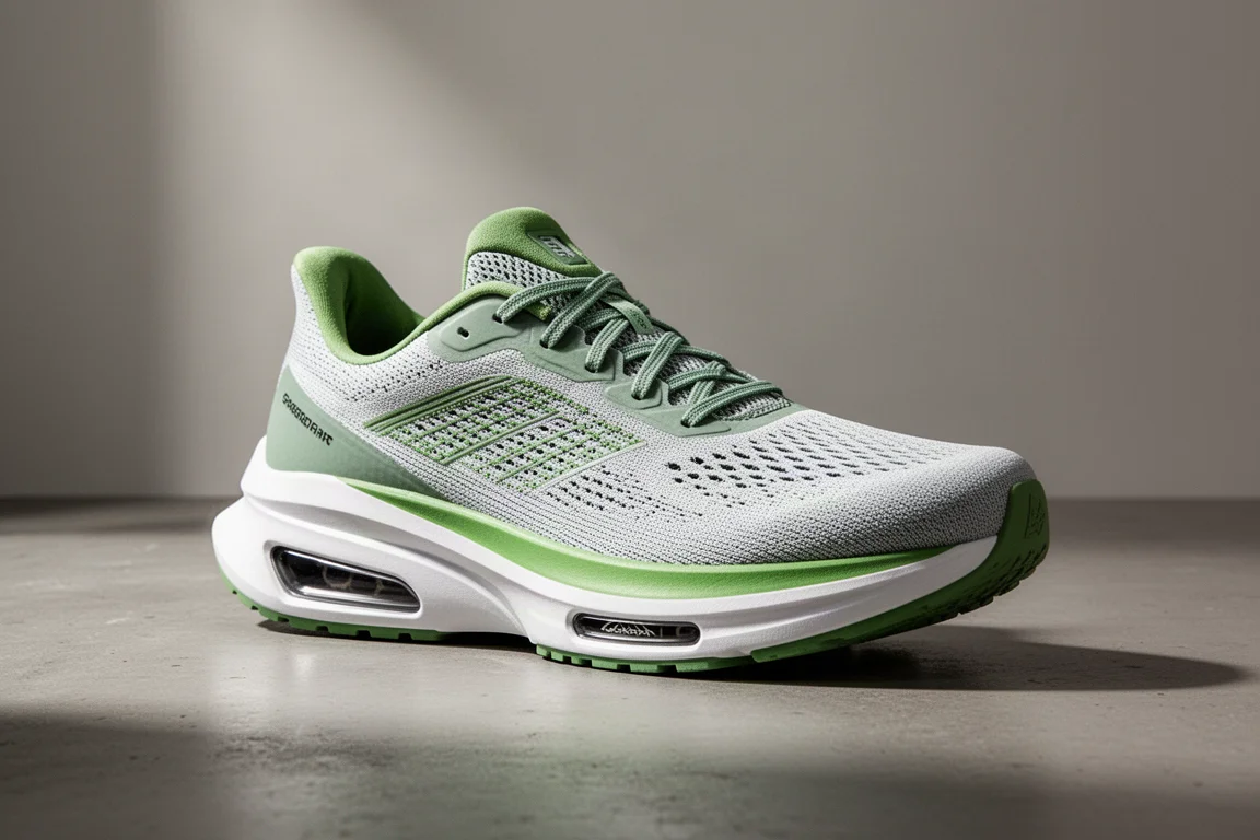 Nike Zoom Fly 5 running shoe with green and white midsole on concrete