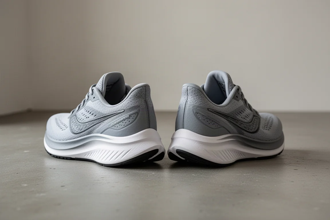 Deux chaussures de running placées côte à côte pour une comparaison de caractéristiques