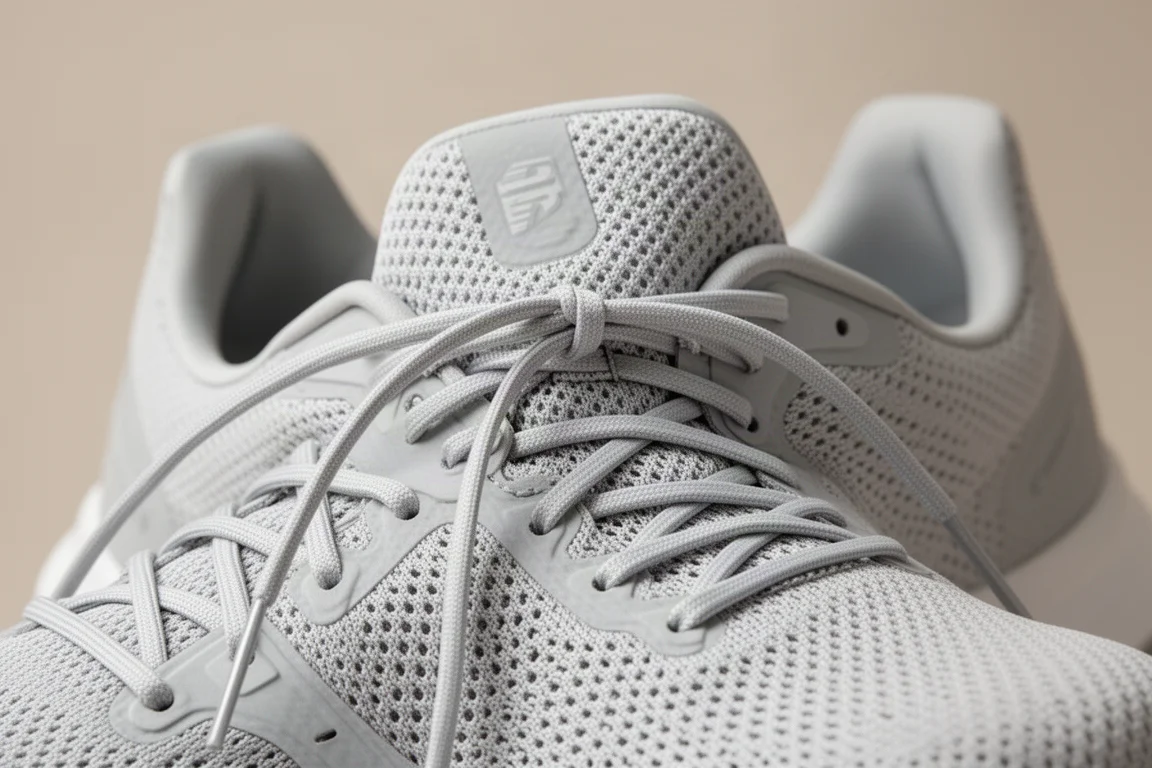 Primer plano del upper de una zapatilla de running con malla tejida transpirable y cordones