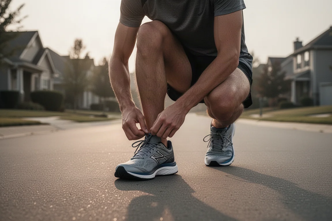 Runner lacing up plated running shoes on a quiet suburban street at dawn