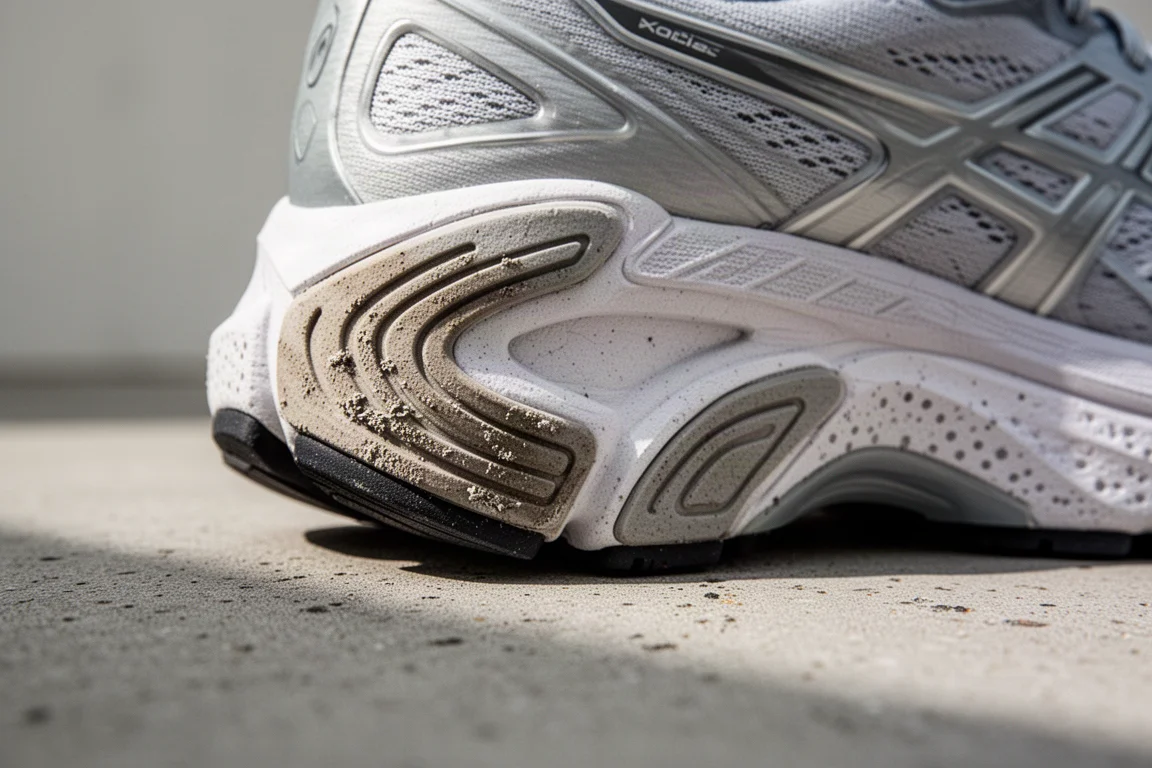 Close-up of a running shoe outsole showing rubber wear on the lateral heel