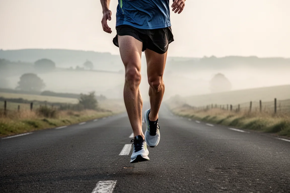 Runner striding down an empty road in low-profile racing shoes