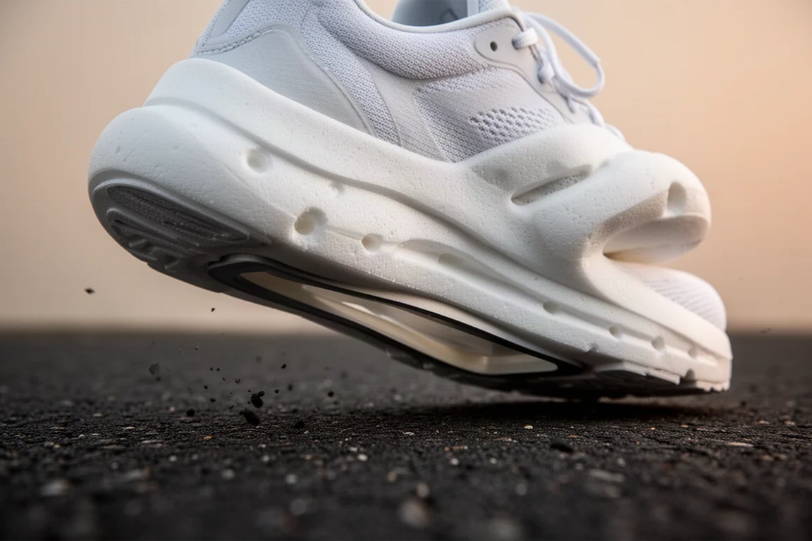 Close-up of a thick nitro foam midsole compressing against asphalt