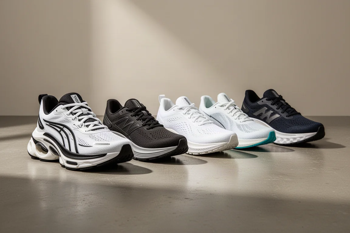 Five plated running shoes lined up on a concrete studio surface