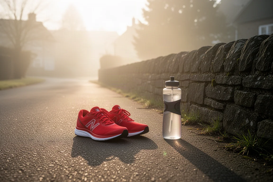 Laufschuhe und Trinkflasche eines Läufers auf dem Asphalt vor einem frühen Morgenlauf ausgelegt