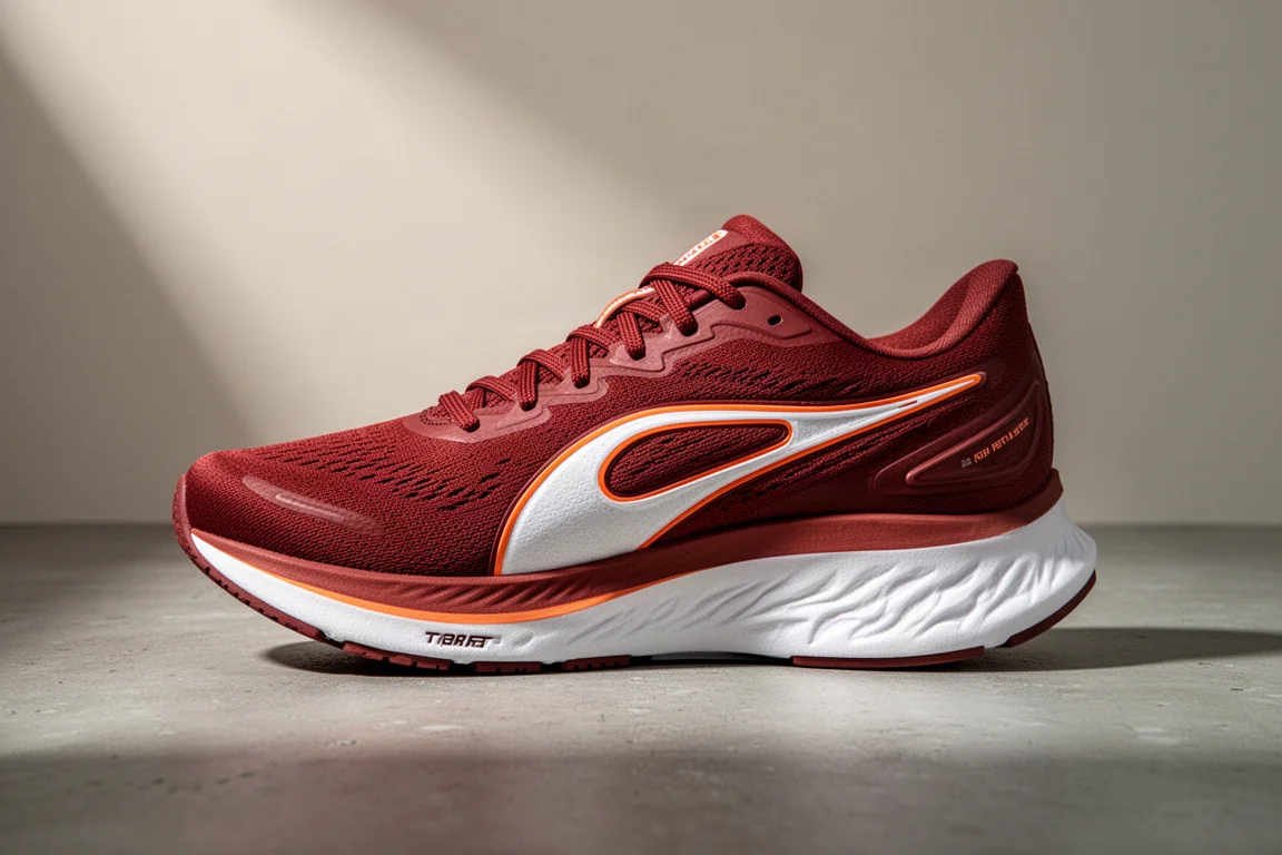 Red Nike Zoom Fly 6 EK running shoe on matte concrete surface