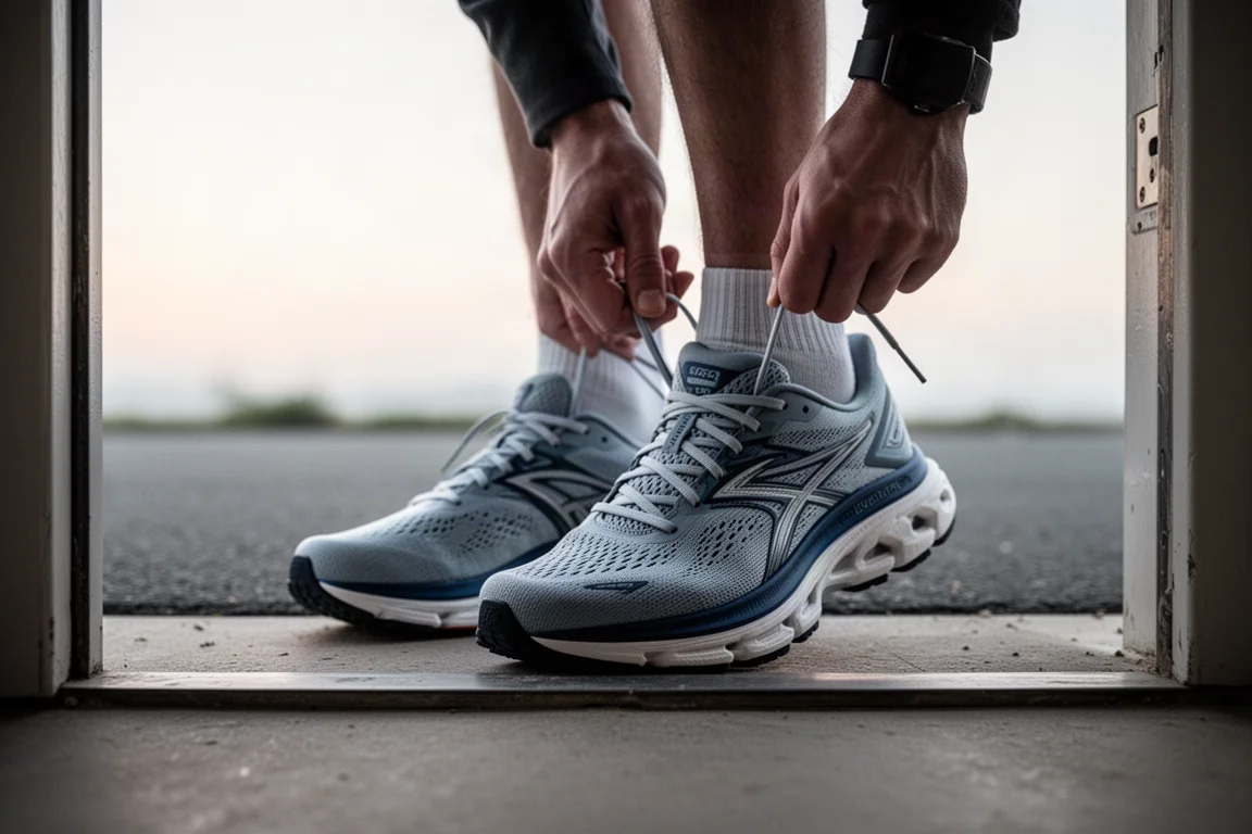 Läufer schnürt auf einer Haustürschwelle vor dem Lauf seine Laufschuhe