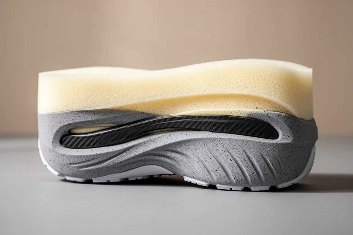 Nahaufnahme einer dicken zweischichtigen Schuhzwischensohle mit sichtbaren Schaumschichten und Carbonplatte
