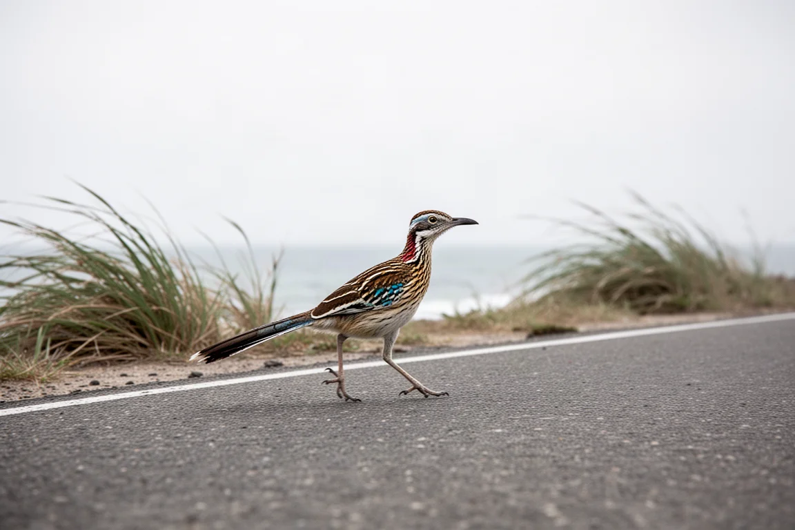 Läufer macht auf einer Küstenstraße Tempo, am Rand vom Wind gebogenes Gras