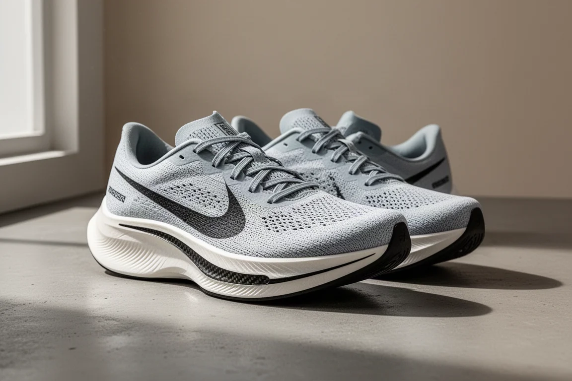 Coppia di scarpe da running su strada con placca in carbonio su una superficie di cemento opaco