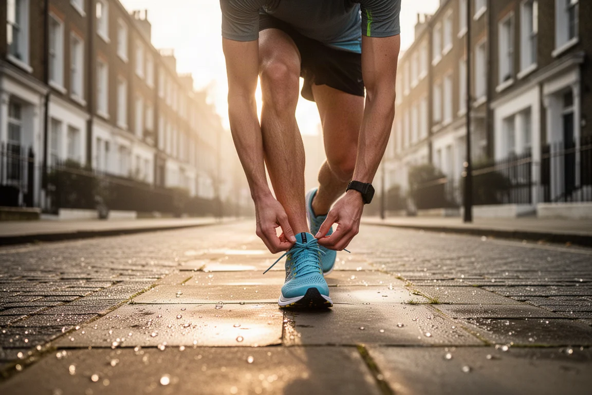 Runner preparing for an early morning session on a quiet London street