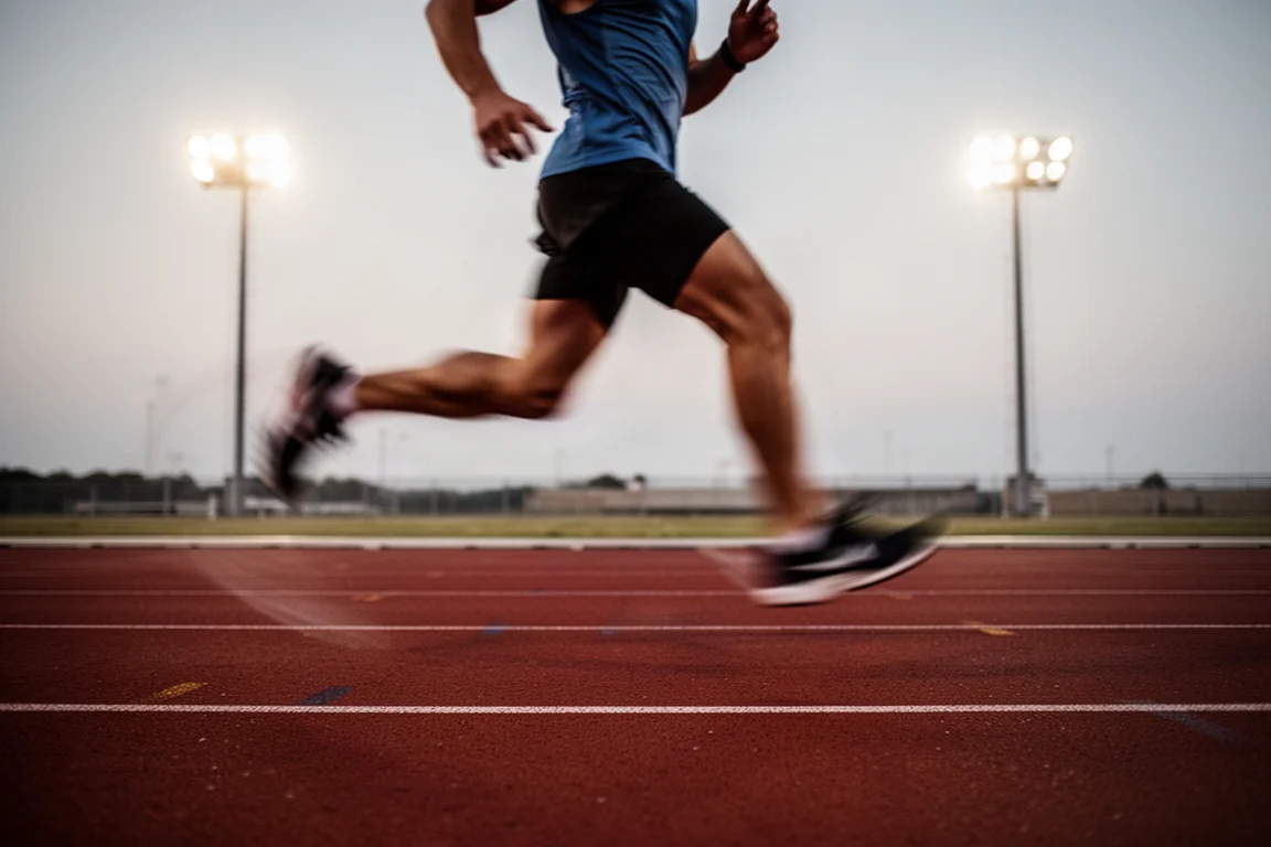 Runner lifting knees on a track during a speed session at dusk