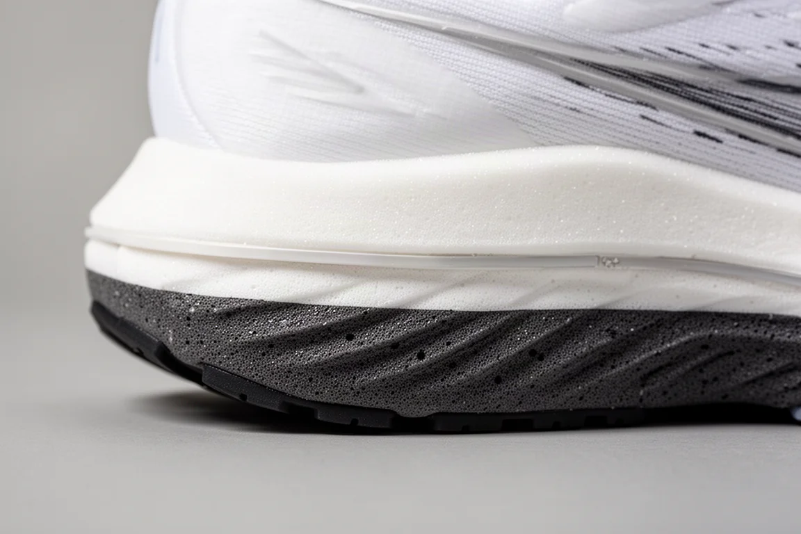 Layered running shoe midsole showing two foam densities and a plate