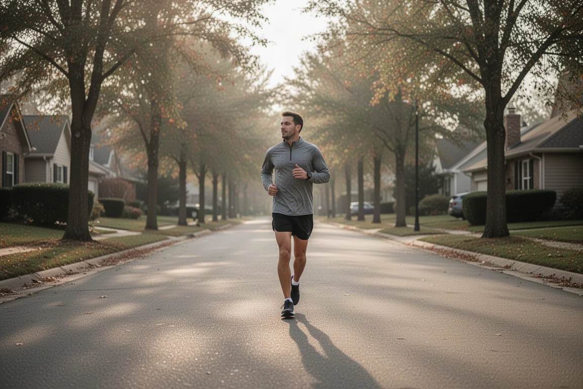 Runner cooling down on quiet roads after a track session