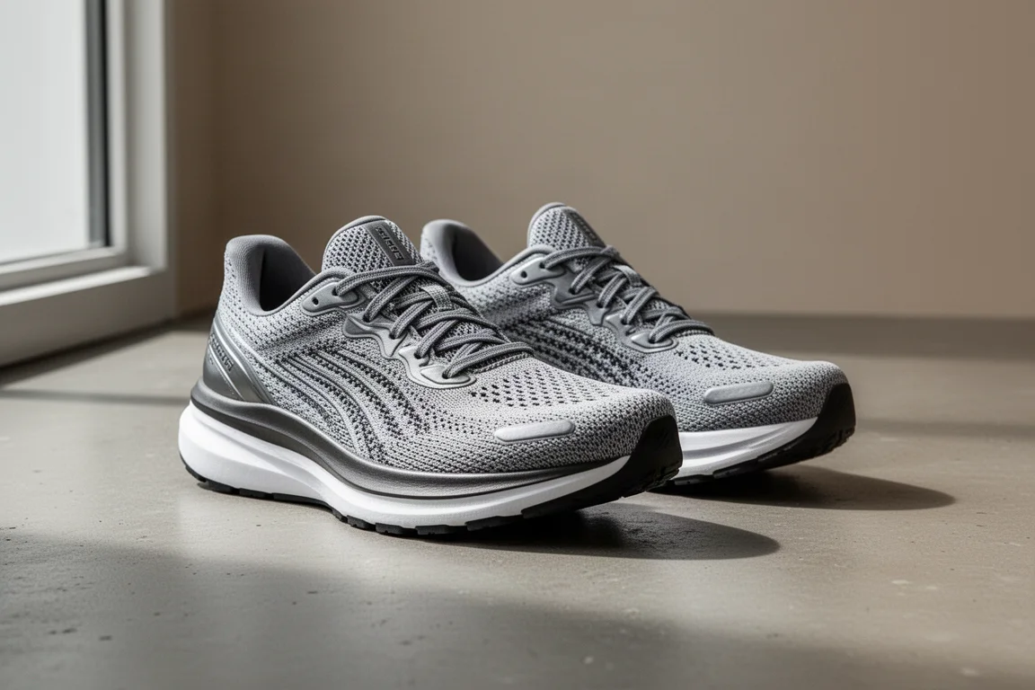 Pair of plated running shoes with layered midsole on concrete surface