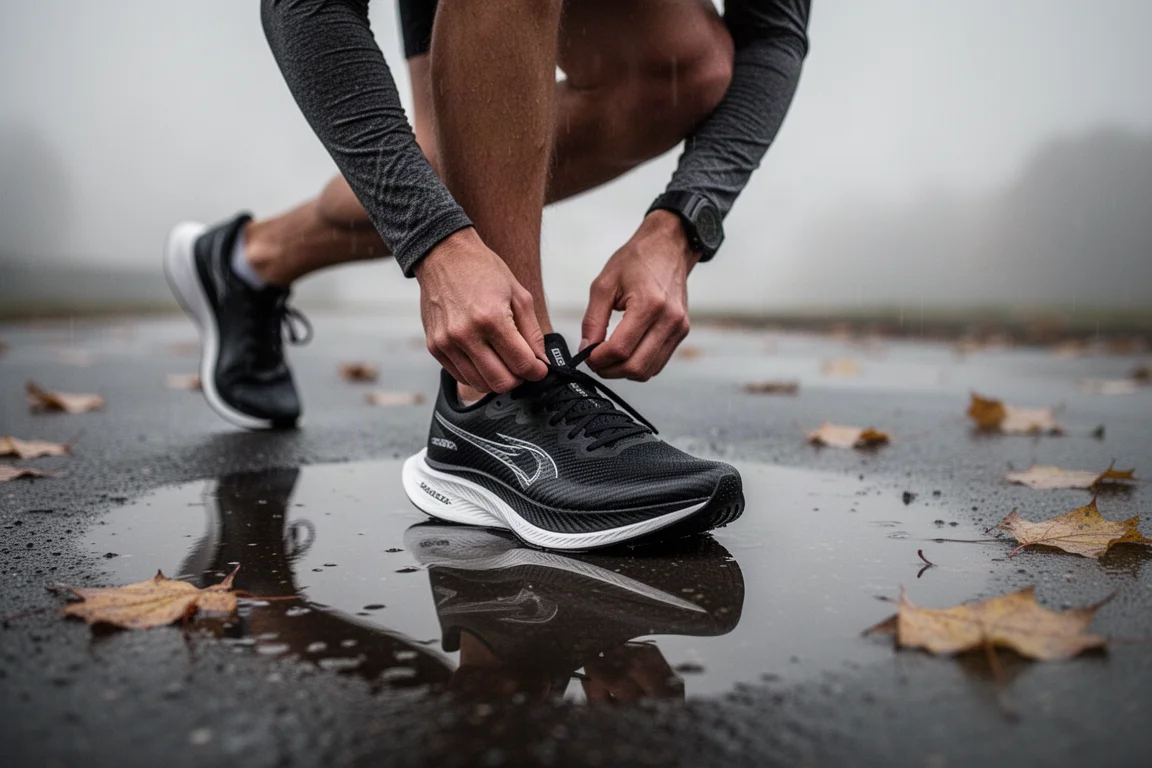 Un coureur lace une chaussure d'entraînement à plaque sur un trottoir mouillé avant une séance de vitesse