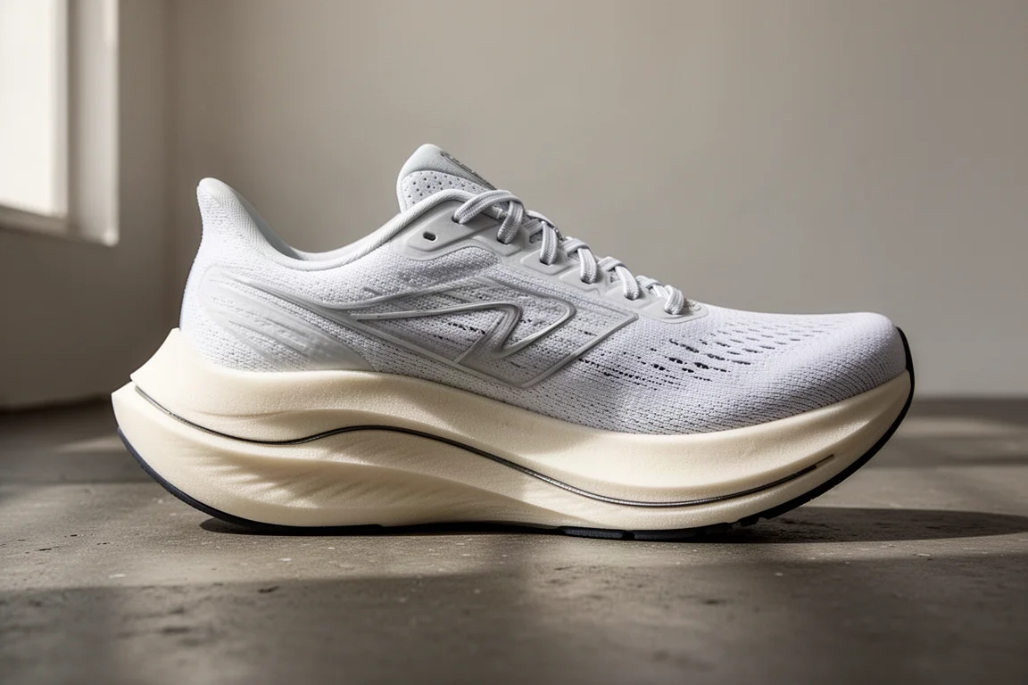 Gros plan sur la semelle intermédiaire d'une chaussure de running à plaque carbone montrant les couches de mousse et la géométrie rocker