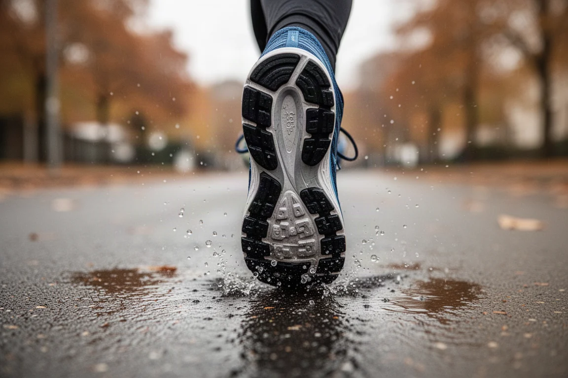 La semelle extérieure d'une chaussure de running accrochant l'asphalte mouillé lors d'une intervalle rapide dans une rue sous la pluie