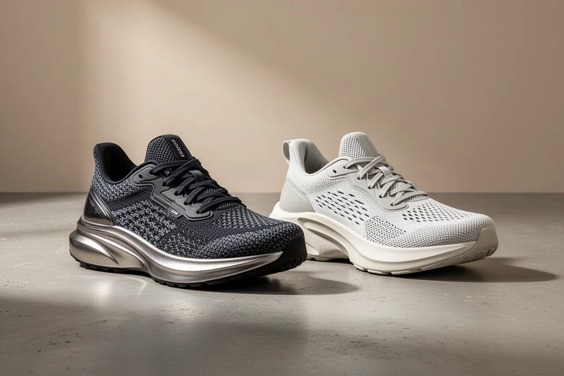 Two modern running shoes side by side on a matte concrete surface