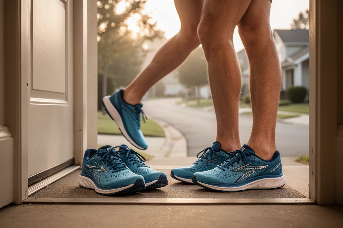 Corredor atándose las zapatillas de running en el umbral de su casa antes de una carrera matutina