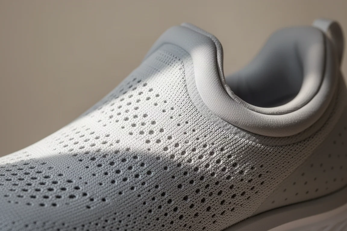 Primer plano del upper de malla técnica ligera de una zapatilla de running mostrando perforaciones de ventilación