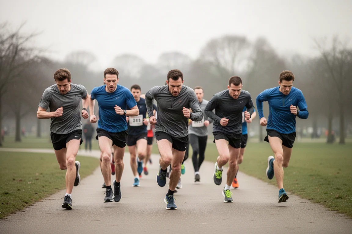 Corredores compitiendo en una carrera de 5K tipo parkrun en un camino abierto