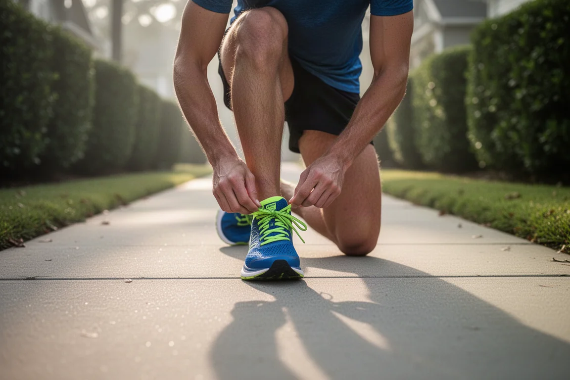 Un corridore allaccia una scarpa da running blu e verde su un marciapiede periferico nella luce del mattino