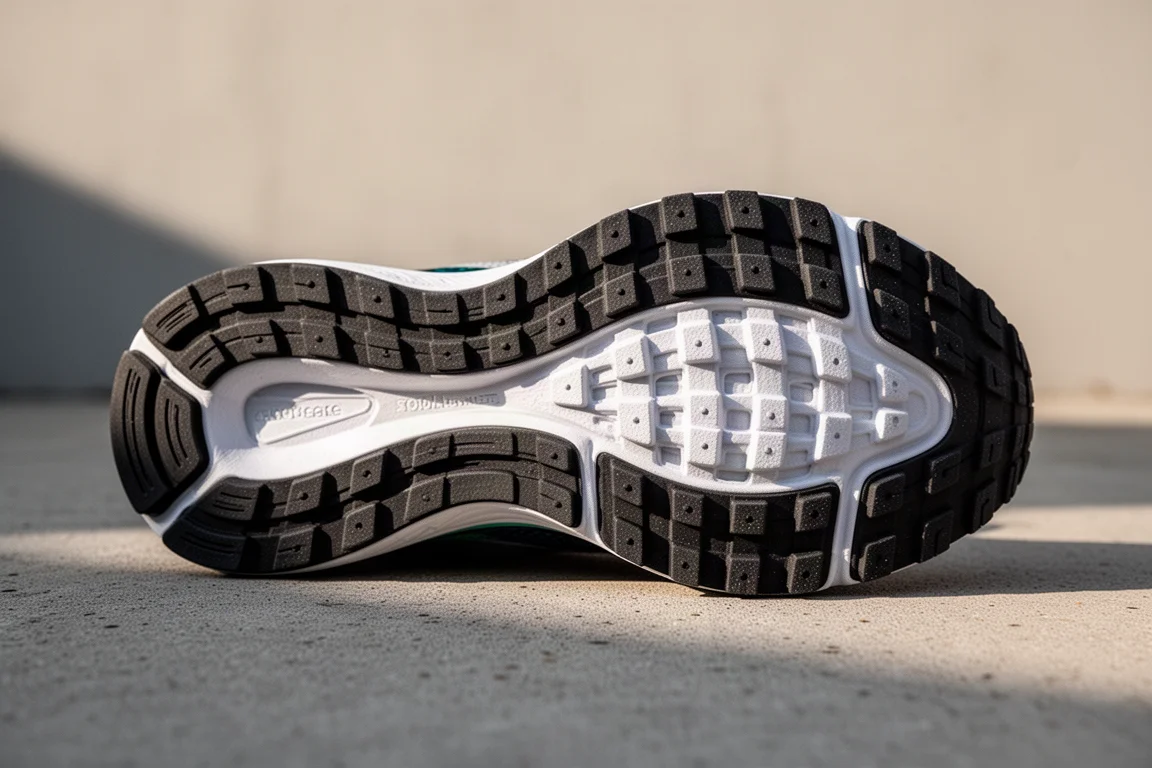 Primo piano della suola in gomma con disegno waffle di una scarpa da running