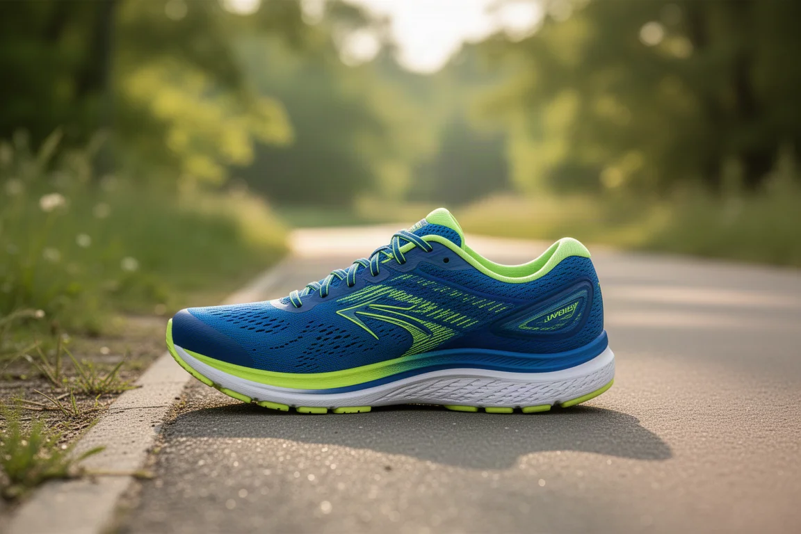Scarpa da running su un sentiero pavimentato circondata da verdi fogliame estivo