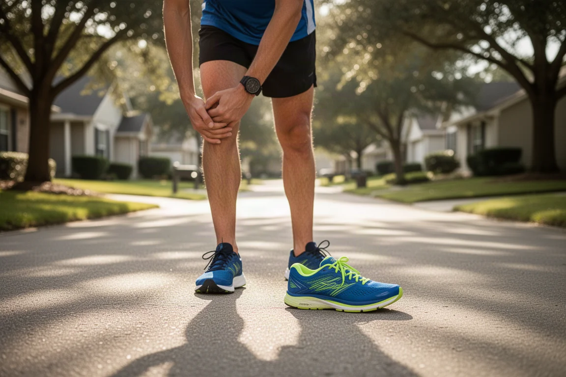 Un corridore si allunga accanto a una scarpa da running su un vialetto in un quartiere residenziale