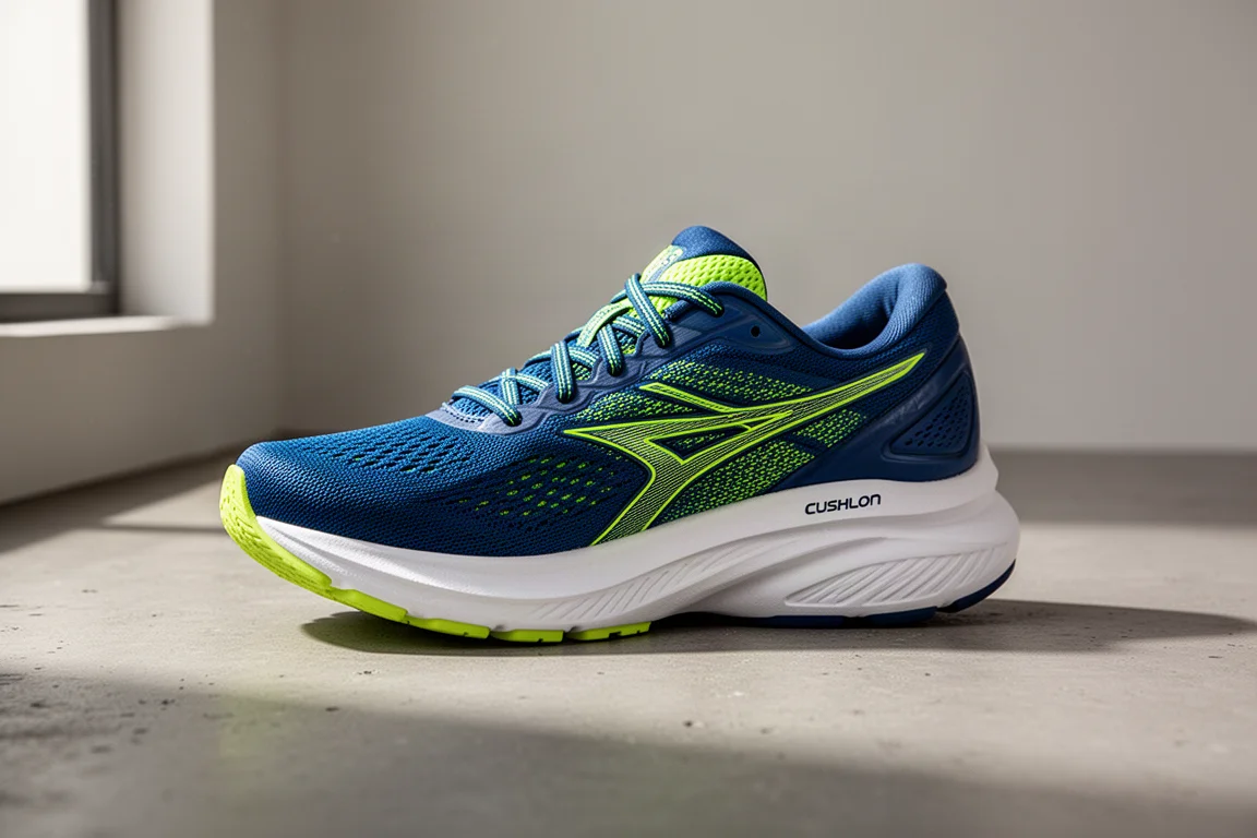 Blue and lime green Nike Zoom Structure 25 running shoe on matte concrete