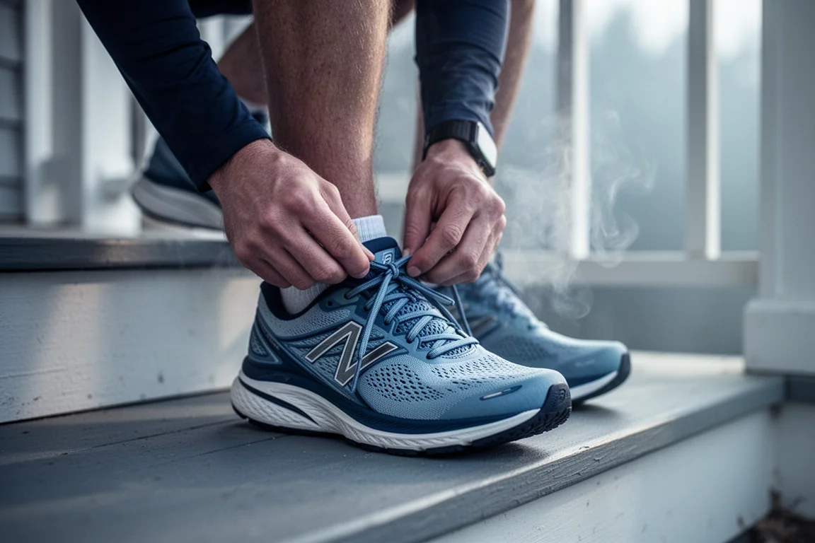 Runner lacing up a road running shoe on a cool early morning